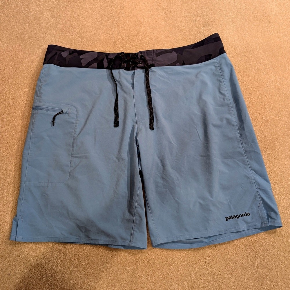 Patagonia Mens 36 Board Shorts Blue Camo Waist Stretch Swim Trunks 86611